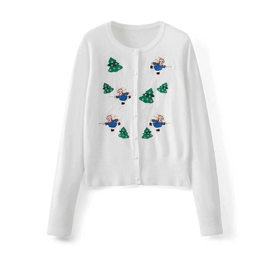 Women's Christmas Cardigan – Snowman Embroidery Button-Up Knit Sweater
