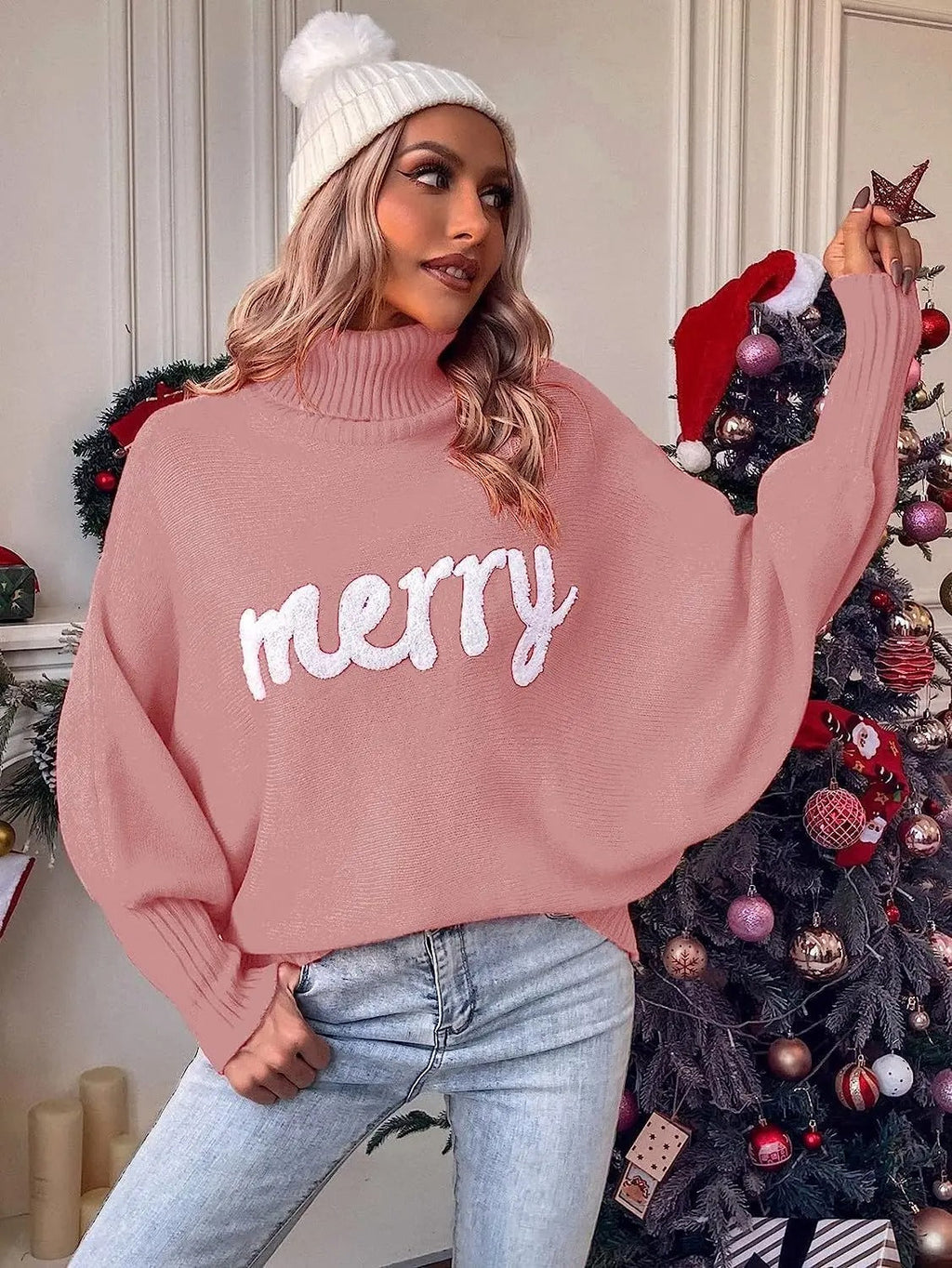 Women's Christmas Sweater – Oversized Turtleneck Knit Pullover with Merry Letter Print