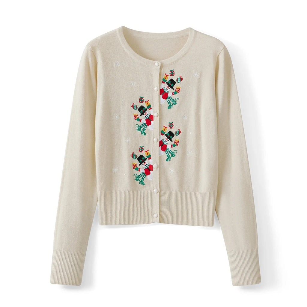 Women's Christmas Cardigan – Snowman Embroidery Button-Up Knit Sweater