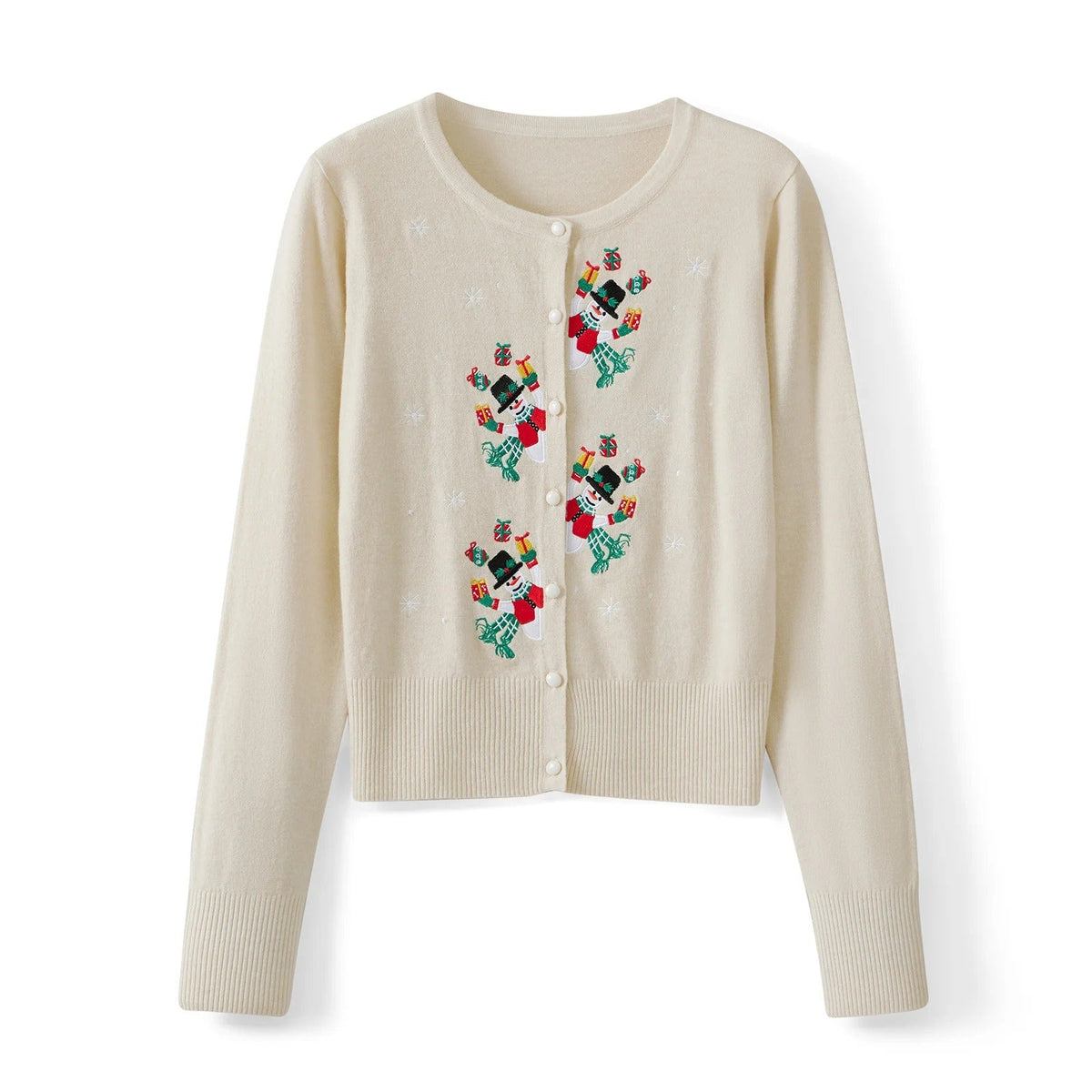 Women's Christmas Cardigan – Snowman Embroidery Button-Up Knit Sweater