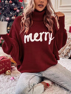 Women's Christmas Sweater – Oversized Turtleneck Knit Pullover with Merry Letter Print