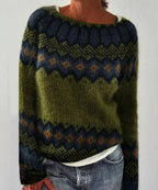 Women's Vintage Pattern Sweater – Round Neck Long Sleeve Knit Pullover