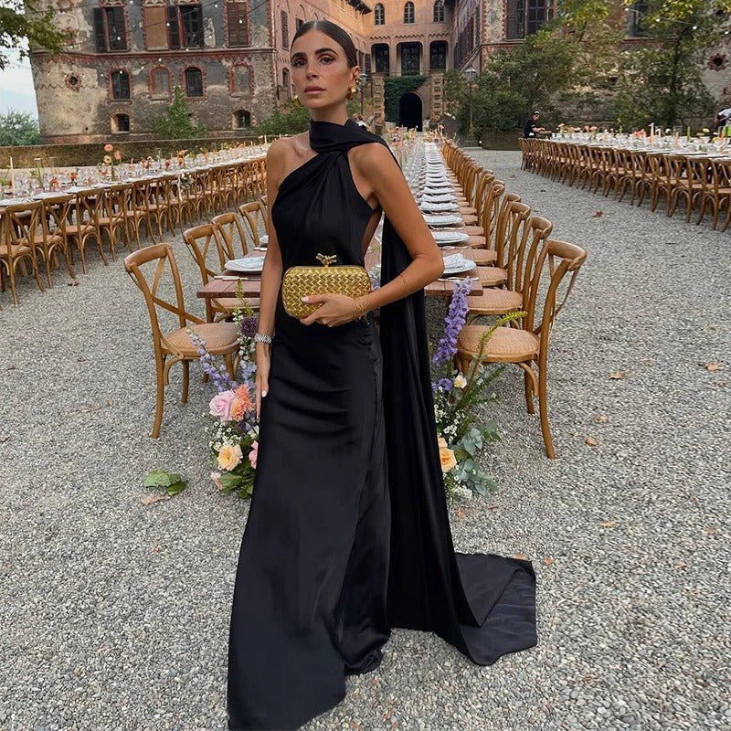 Women's Satin Halter Neck Maxi Dress – Backless Evening Gown with Long Flowing Scarf