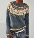 Women's Vintage Pattern Sweater – Round Neck Long Sleeve Knit Pullover