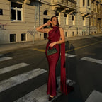 Women's Satin Halter Neck Maxi Dress – Backless Evening Gown with Long Flowing Scarf