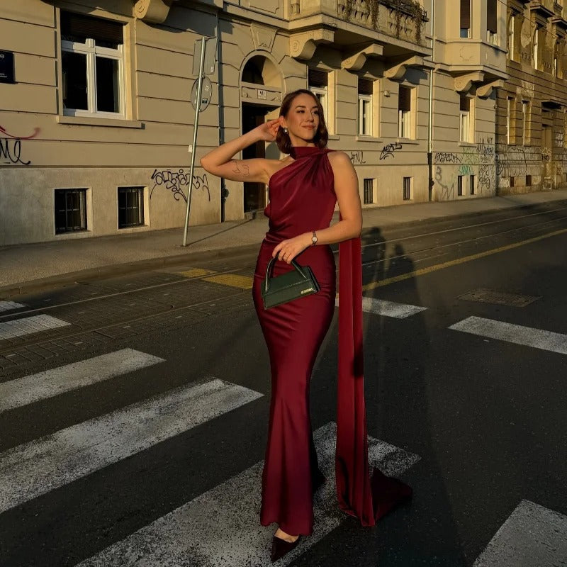 Women's Satin Halter Neck Maxi Dress – Backless Evening Gown with Long Flowing Scarf