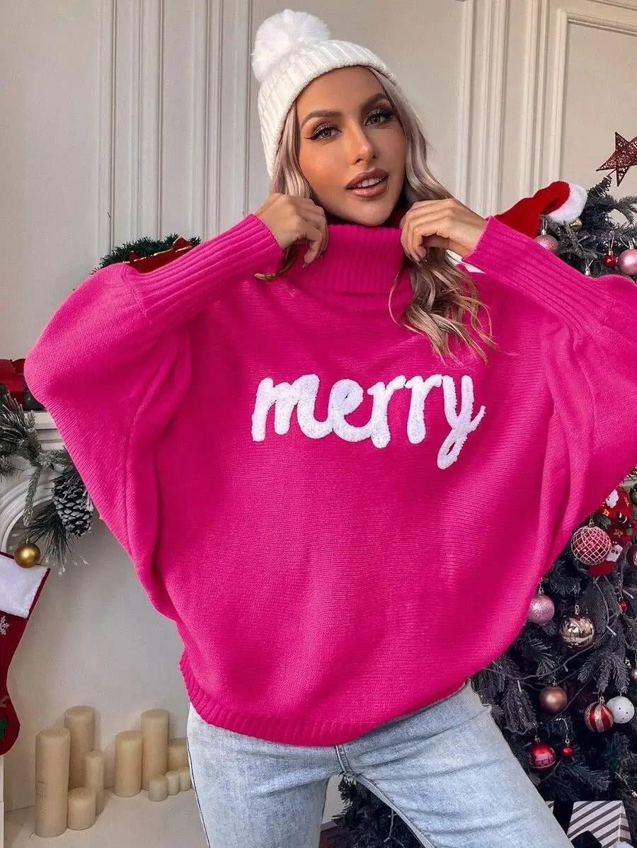 Women's Christmas Sweater – Oversized Turtleneck Knit Pullover with Merry Letter Print