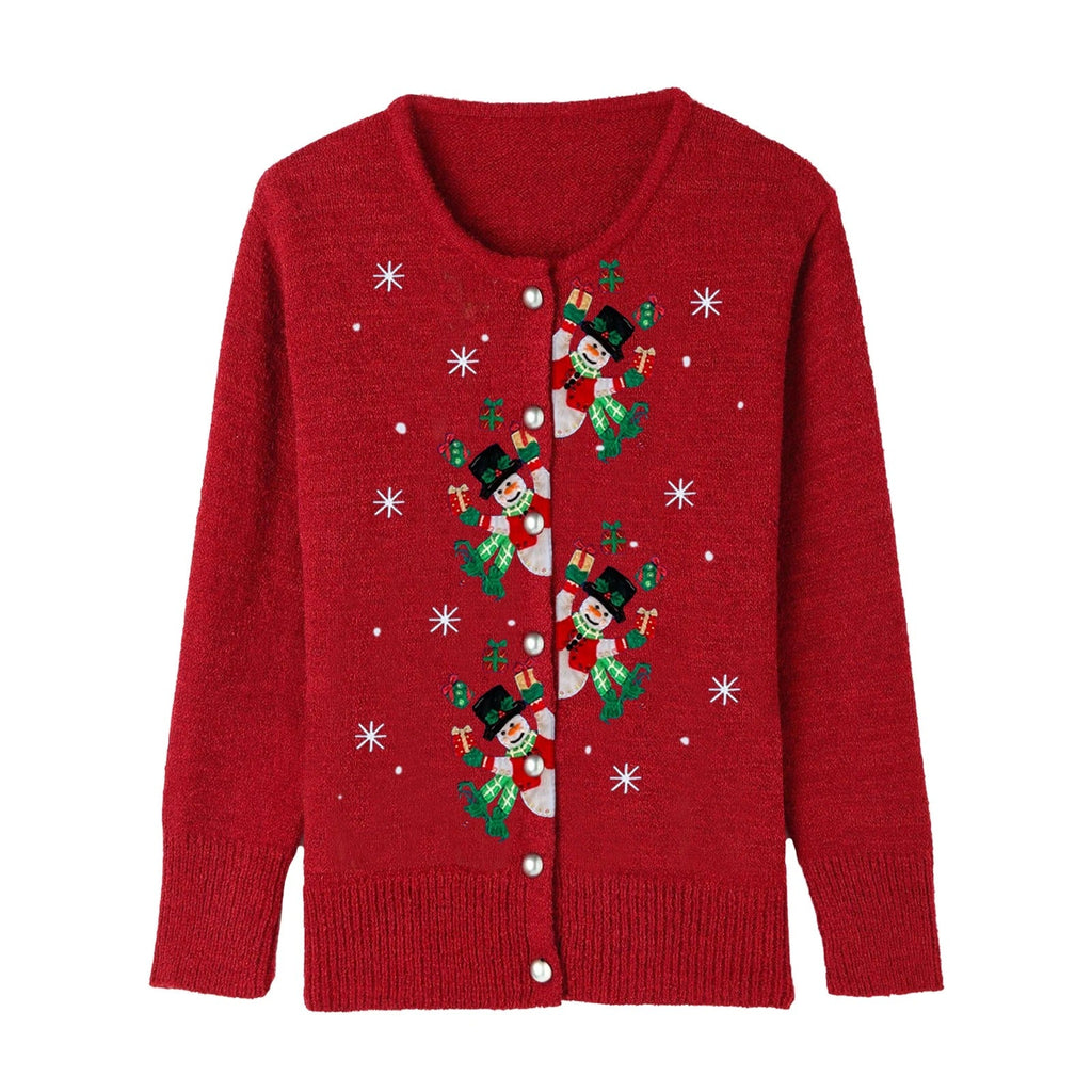 Women's Christmas Cardigan – Snowman Embroidery Button-Up Knit Sweater
