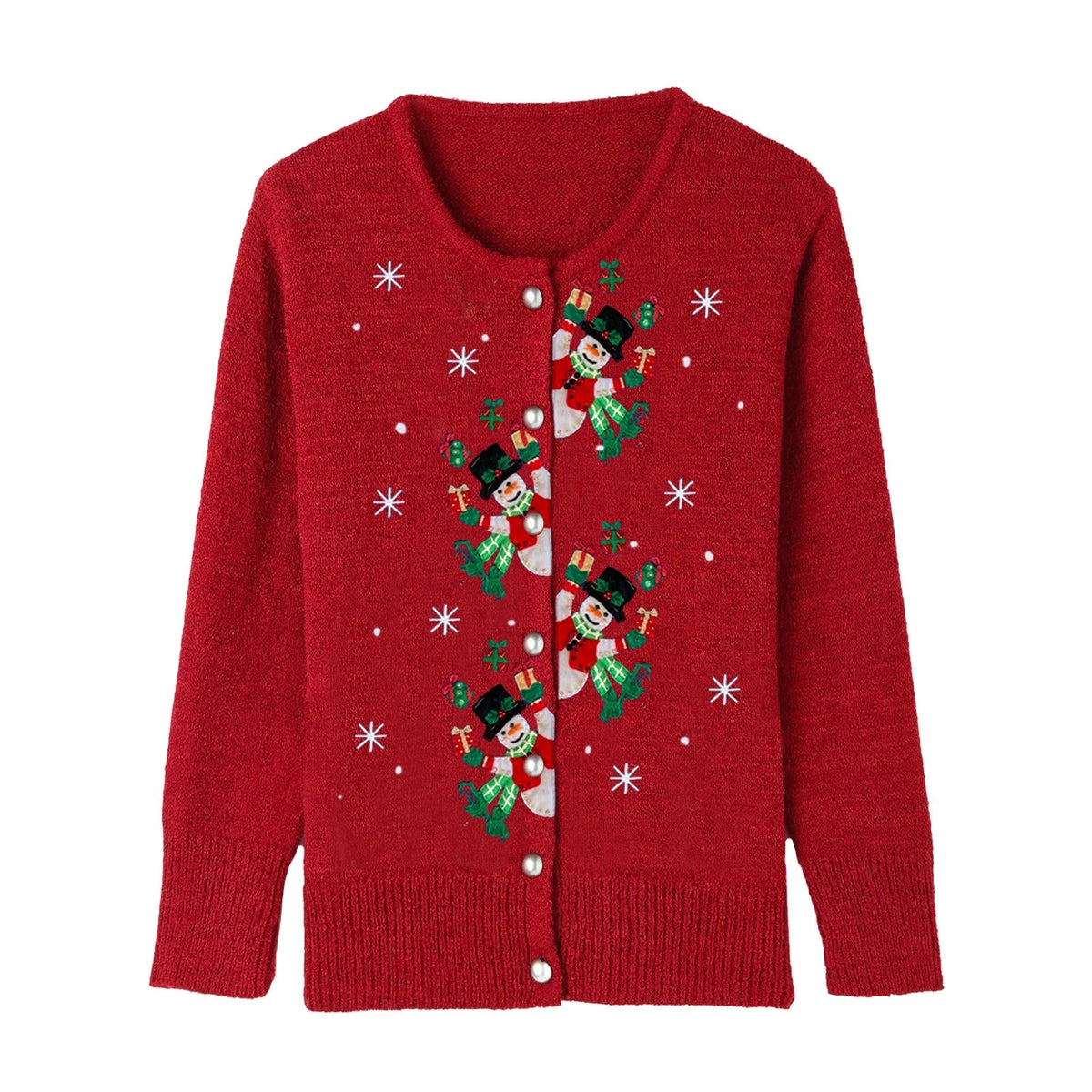 Women's Christmas Cardigan – Snowman Embroidery Button-Up Knit Sweater