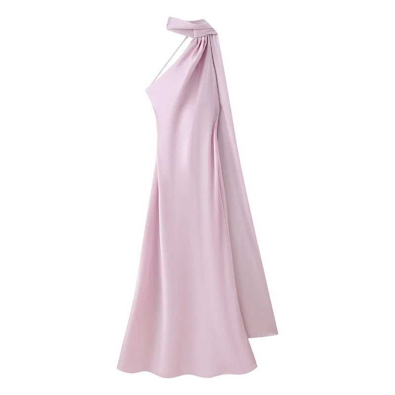 Women's Satin Halter Neck Maxi Dress – Backless Evening Gown with Long Flowing Scarf