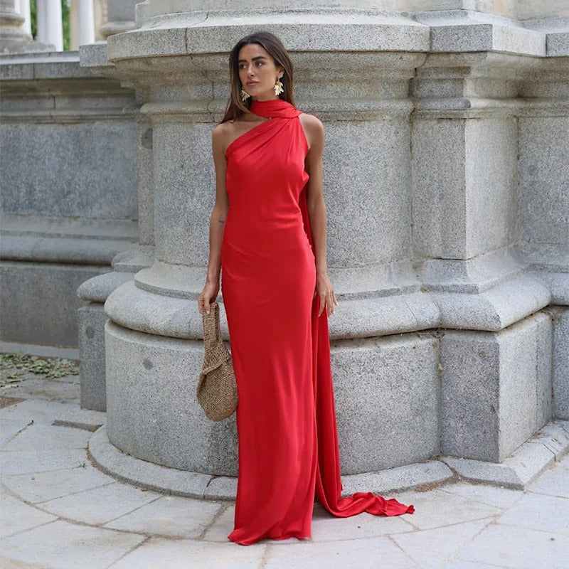 Women's Satin Halter Neck Maxi Dress – Backless Evening Gown with Long Flowing Scarf