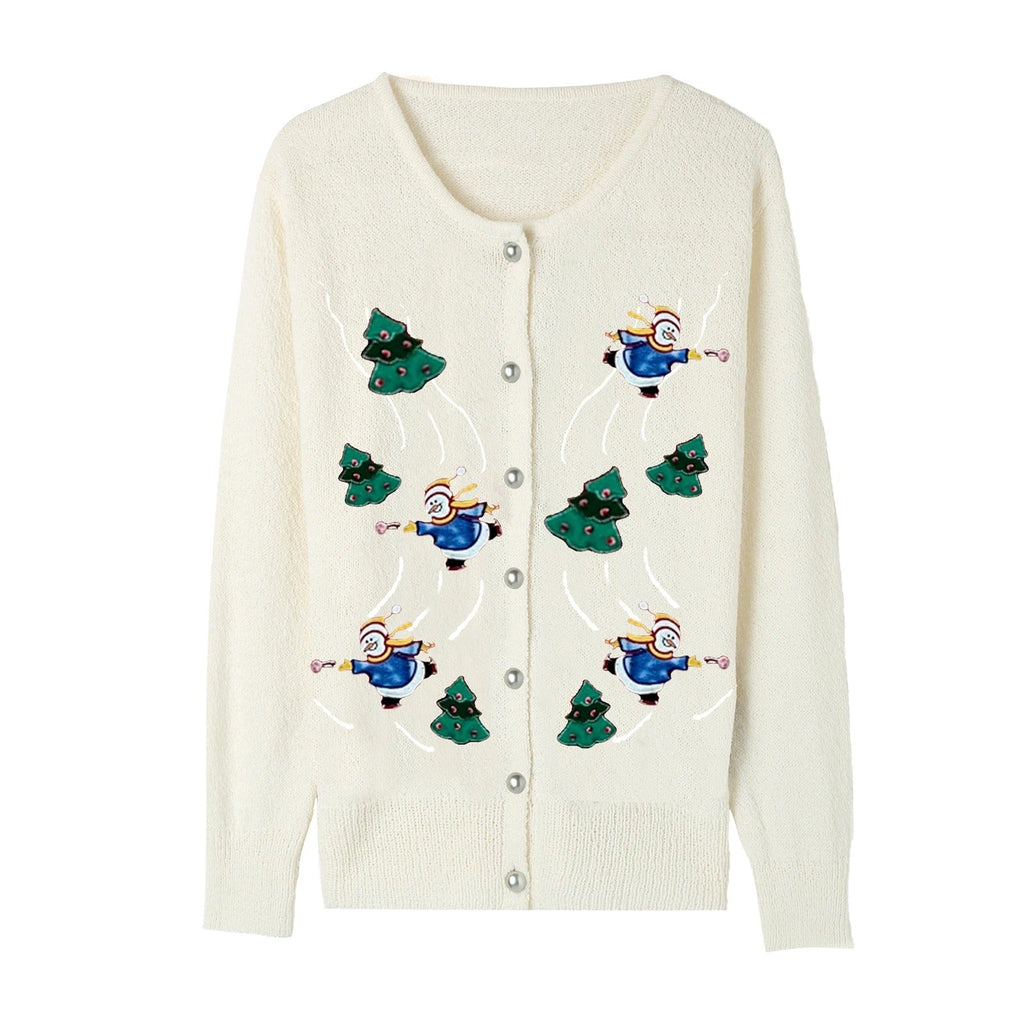 Women's Christmas Cardigan – Snowman Embroidery Button-Up Knit Sweater