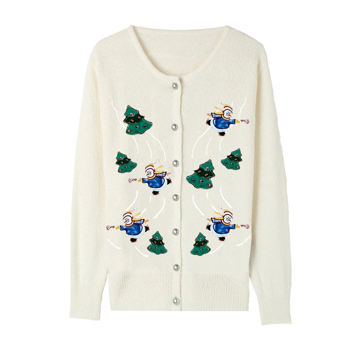 Women's Christmas Cardigan – Snowman Embroidery Button-Up Knit Sweater