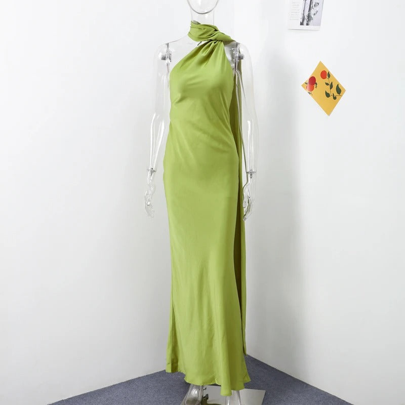 Women's Satin Halter Neck Maxi Dress – Backless Evening Gown with Long Flowing Scarf