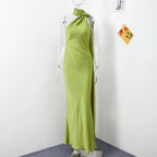 Women's Satin Halter Neck Maxi Dress – Backless Evening Gown with Long Flowing Scarf