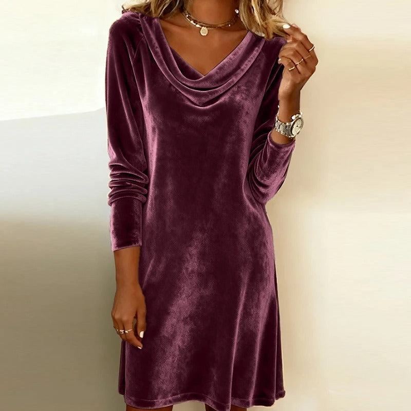 Women's Velvet Mini Dress – Long Sleeve Cowl Neck Bodycon Party Dress