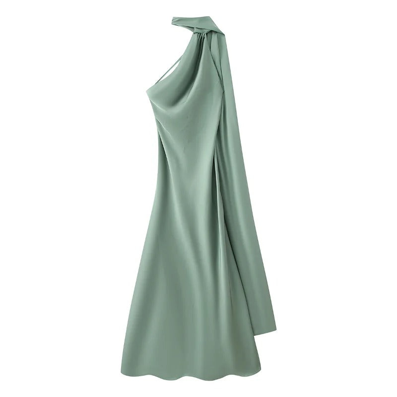 Women's Satin Halter Neck Maxi Dress – Backless Evening Gown with Long Flowing Scarf