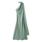 Women's Satin Halter Neck Maxi Dress – Backless Evening Gown with Long Flowing Scarf