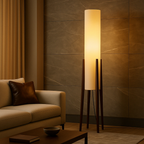 Solid Walnut Floor Lamp – Tripod Wood Base With Cylindrical Fabric Shade