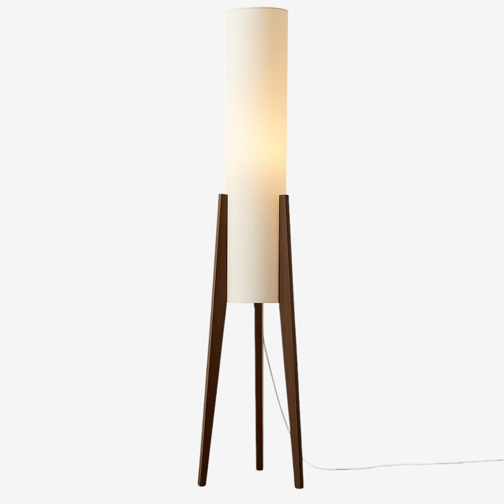 Solid Walnut Floor Lamp – Tripod Wood Base With Cylindrical Fabric Shade