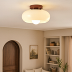 Cream Glass Ceiling Lamp – French Bauhaus Round Design With Wood Accent