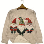 Women's Embroidered Gnome Christmas Jumper | Relaxed Fit Longline Soft Touch Festive Knitwear for Christmas Jumper Day