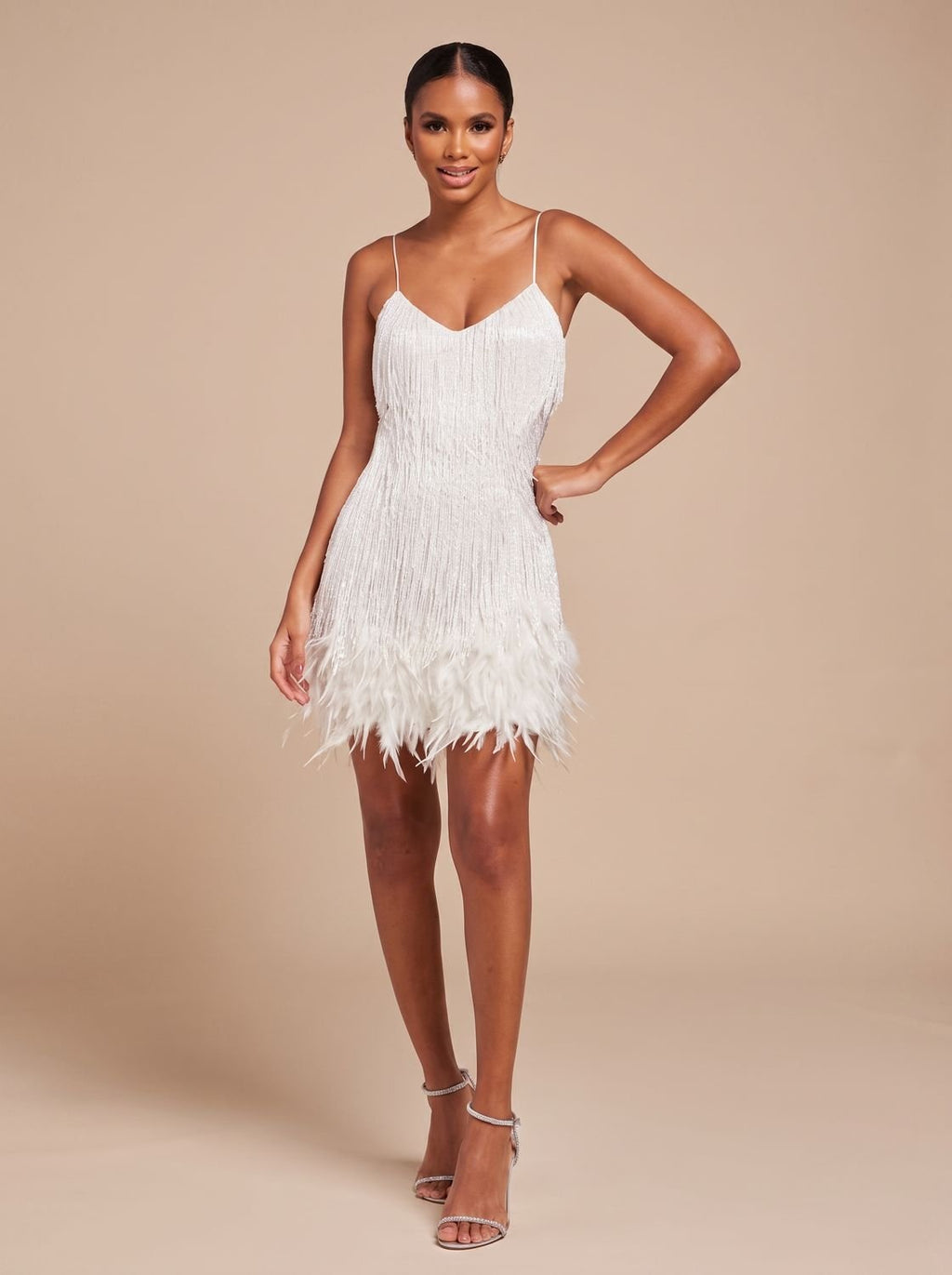 Women's Fringe Mini Dress with Feather Trim Hem | V-Neck Spaghetti Strap Cocktail Party Dress for Holiday and Evening Wear