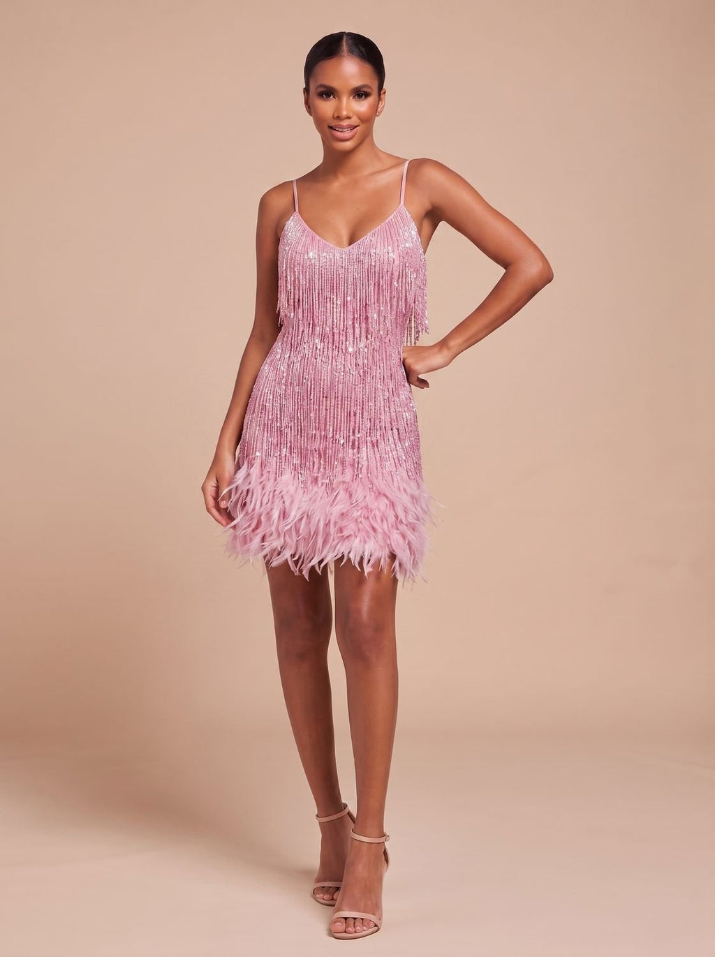 Women's Fringe Mini Dress with Feather Trim Hem | V-Neck Spaghetti Strap Cocktail Party Dress for Holiday and Evening Wear
