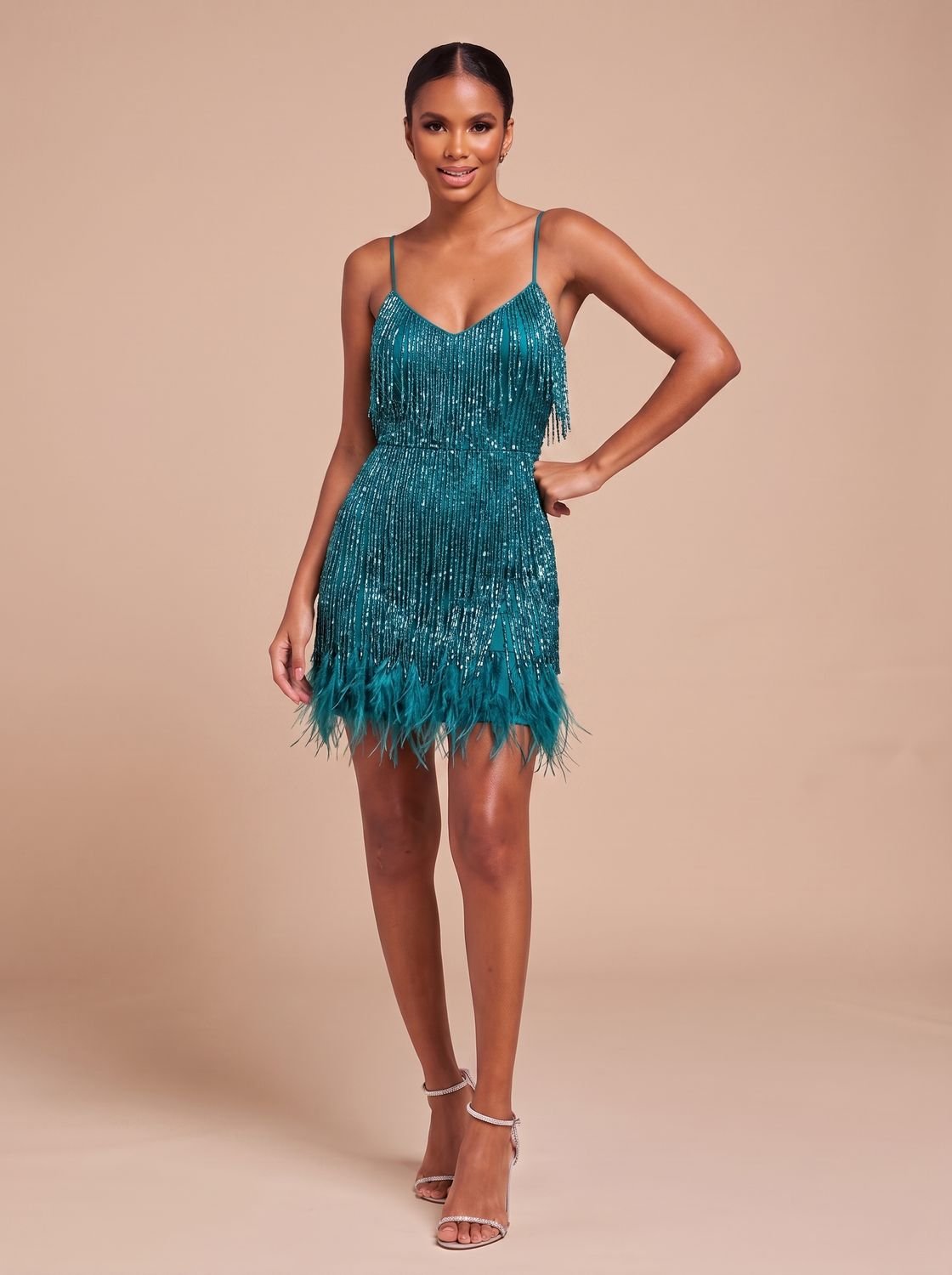 Women's Fringe Mini Dress with Feather Trim Hem | V-Neck Spaghetti Strap Cocktail Party Dress for Holiday and Evening Wear
