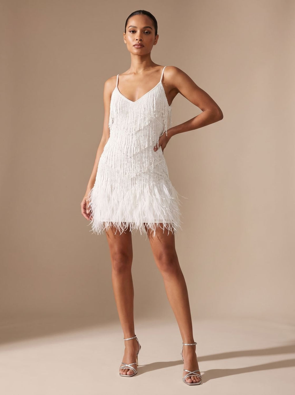 Women's Fringe Mini Dress with Feather Trim Hem | V-Neck Spaghetti Strap Cocktail Party Dress for Holiday and Evening Wear