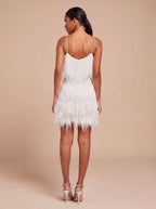 Women's Fringe Mini Dress with Feather Trim Hem | V-Neck Spaghetti Strap Cocktail Party Dress for Holiday and Evening Wear