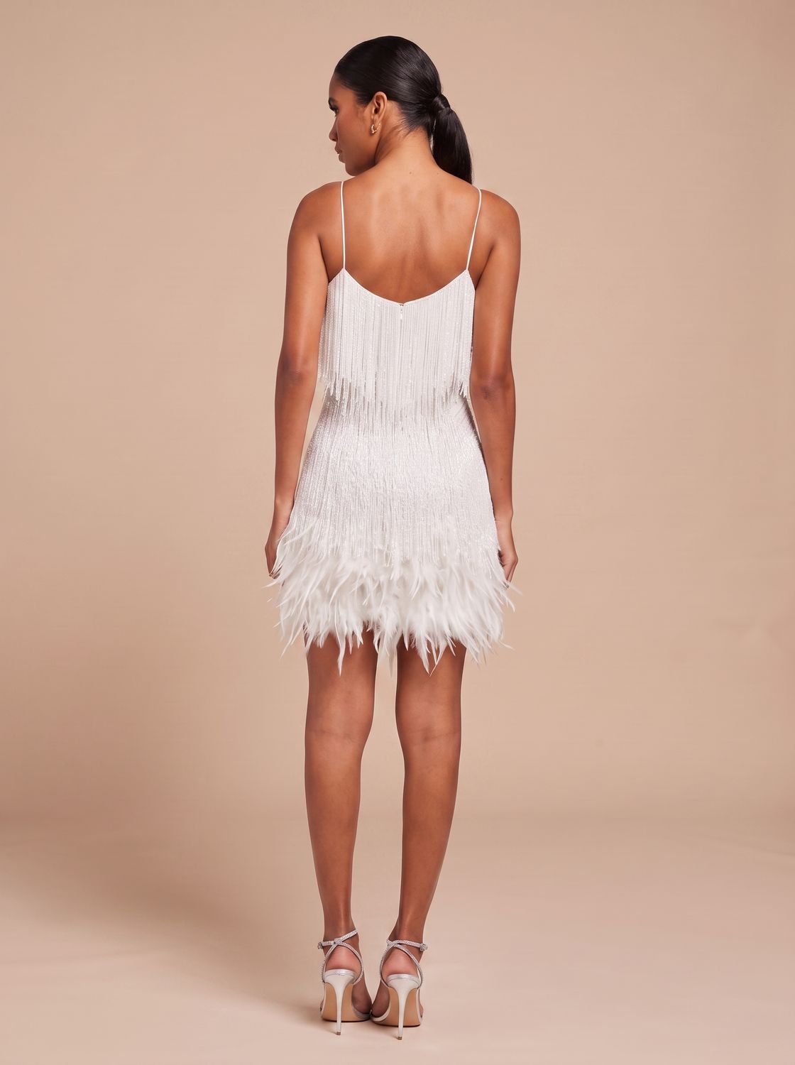 Women's Fringe Mini Dress with Feather Trim Hem | V-Neck Spaghetti Strap Cocktail Party Dress for Holiday and Evening Wear