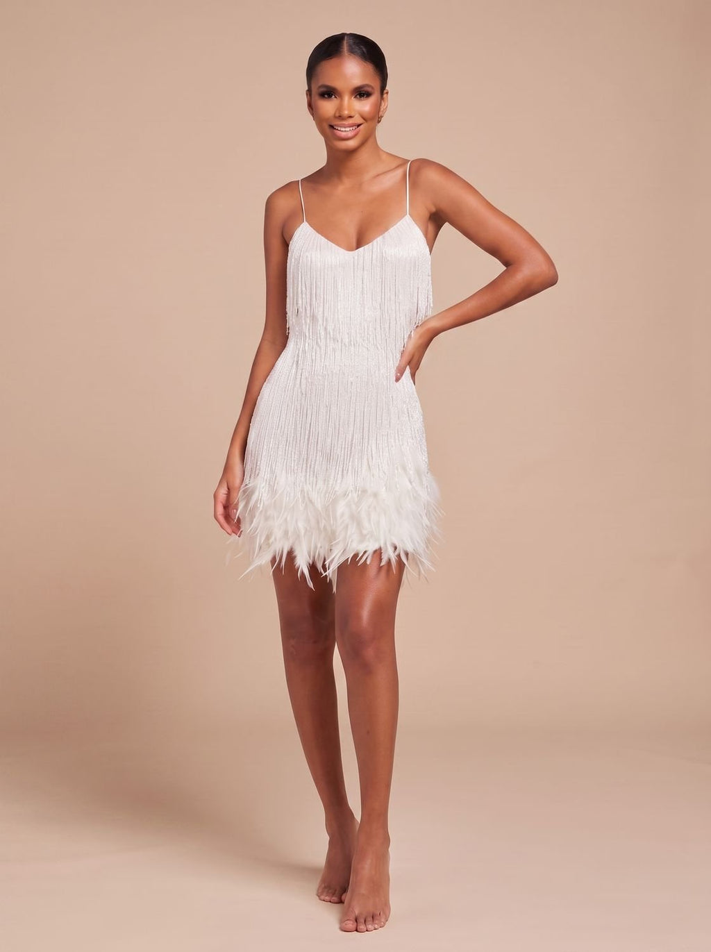 Women's Fringe Mini Dress with Feather Trim Hem | V-Neck Spaghetti Strap Cocktail Party Dress for Holiday and Evening Wear