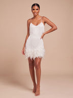 Women's Fringe Mini Dress with Feather Trim Hem | V-Neck Spaghetti Strap Cocktail Party Dress for Holiday and Evening Wear