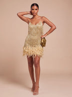 Women's Fringe Mini Dress with Feather Trim Hem | V-Neck Spaghetti Strap Cocktail Party Dress for Holiday and Evening Wear
