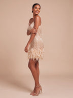 Women's Fringe Mini Dress with Feather Trim Hem | V-Neck Spaghetti Strap Cocktail Party Dress for Holiday and Evening Wear