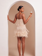 Women's Fringe Mini Dress with Feather Trim Hem | V-Neck Spaghetti Strap Cocktail Party Dress for Holiday and Evening Wear