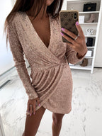 Women's Sequin Wrap Dress | Long Sleeve V-Neck Cocktail Dress for Festive Parties and Evening Events | Shimmering Party Wear