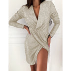Women's Sequin Wrap Dress | Long Sleeve V-Neck Cocktail Dress for Festive Parties and Evening Events | Shimmering Party Wear